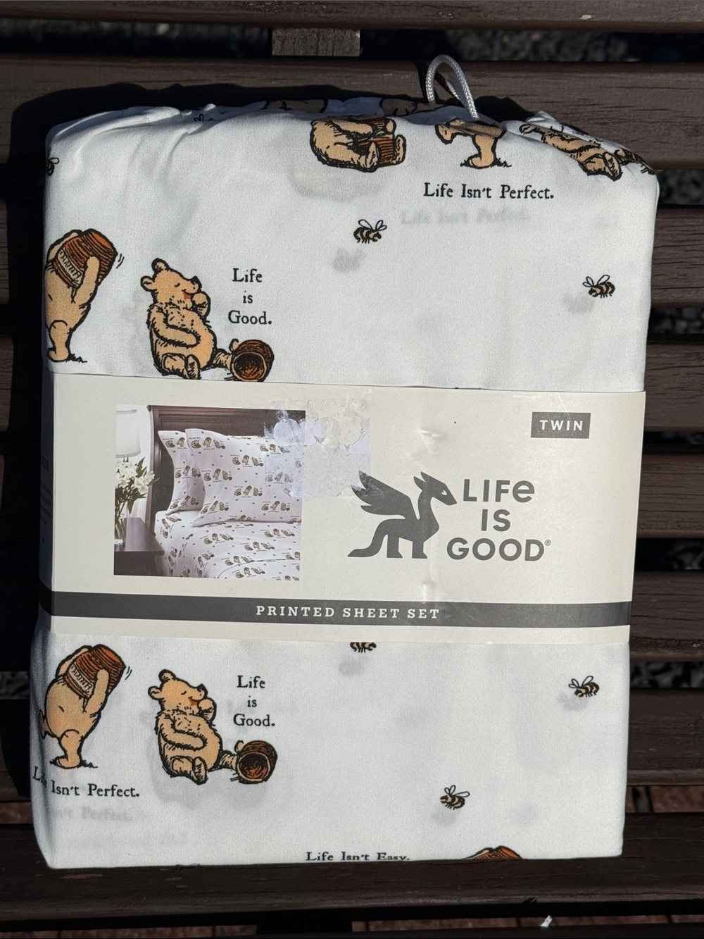 Life Is Good Twin Sheet Set - White with Brown Bear and Honey Accents